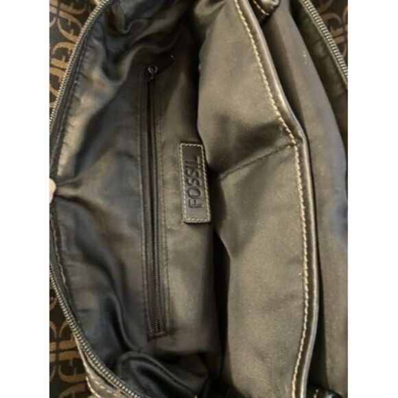 FOSSIL WOMEN'S SIGNATURE CANVAS BROWN/BLACK SHOULDER BAG PURSE GEOMETRIC Key - Picture 6 of 8